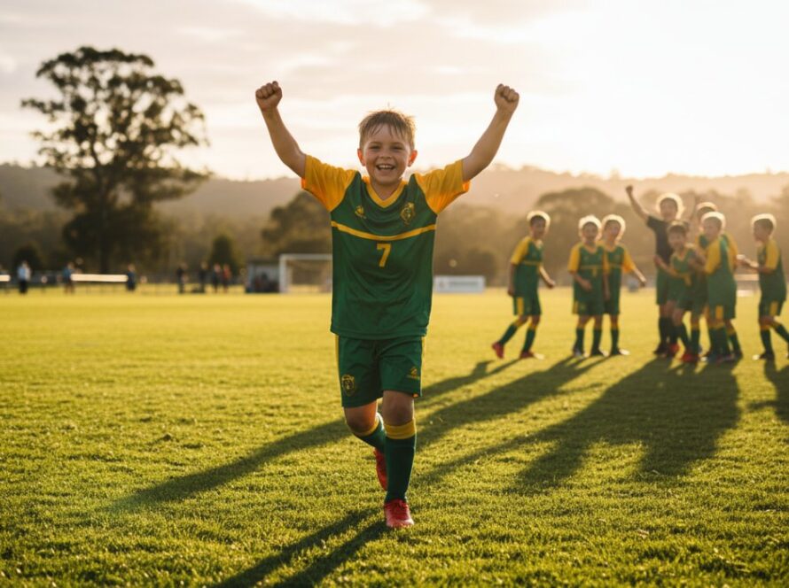Dynamic wide-angle shot capturing junior sporting triumphs Seville Victoria, featuring a young athlete scoring a goal on a vibrant green oval at sunset, with cheering teammates and spectators in the background, conveying elation and local community spirit.