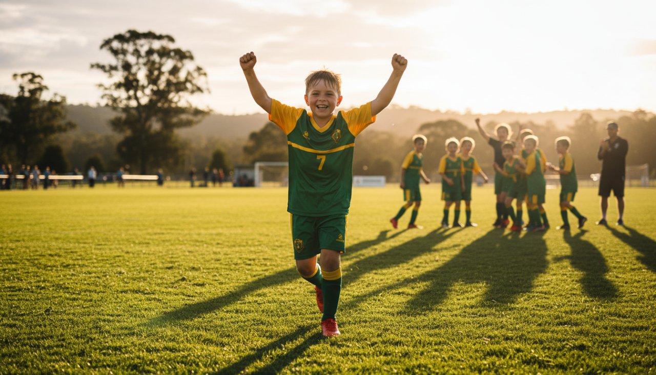 Dynamic wide-angle shot capturing junior sporting triumphs Seville Victoria, featuring a young athlete scoring a goal on a vibrant green oval at sunset, with cheering teammates and spectators in the background, conveying elation and local community spirit.