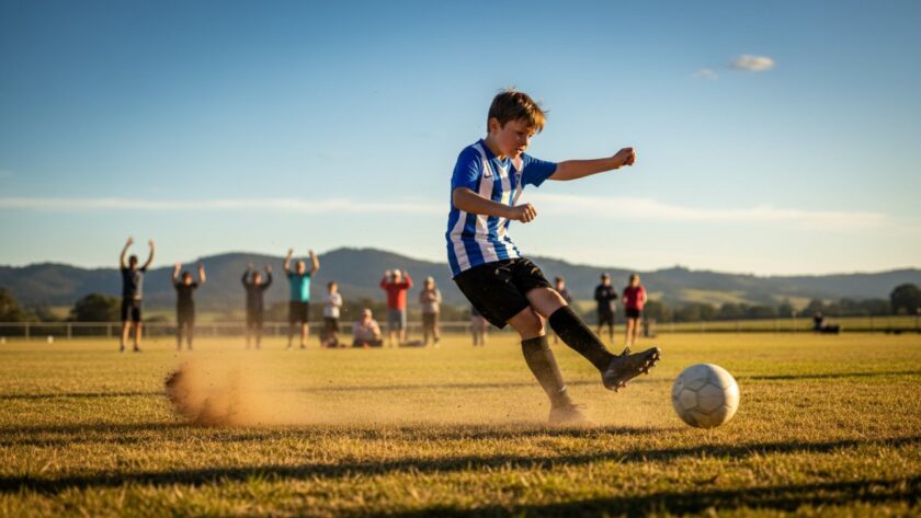 Capturing Junior Sports Photography Steels Creek Victoria: An epic moment frozen in time, a young footballer in a Steels Creek junior league leaps dynamically to catch a ball mid-air, bathed in the golden afternoon light on a local oval, with the rolling green hills of the Yarra Valley in the background, pure triumph on their face.