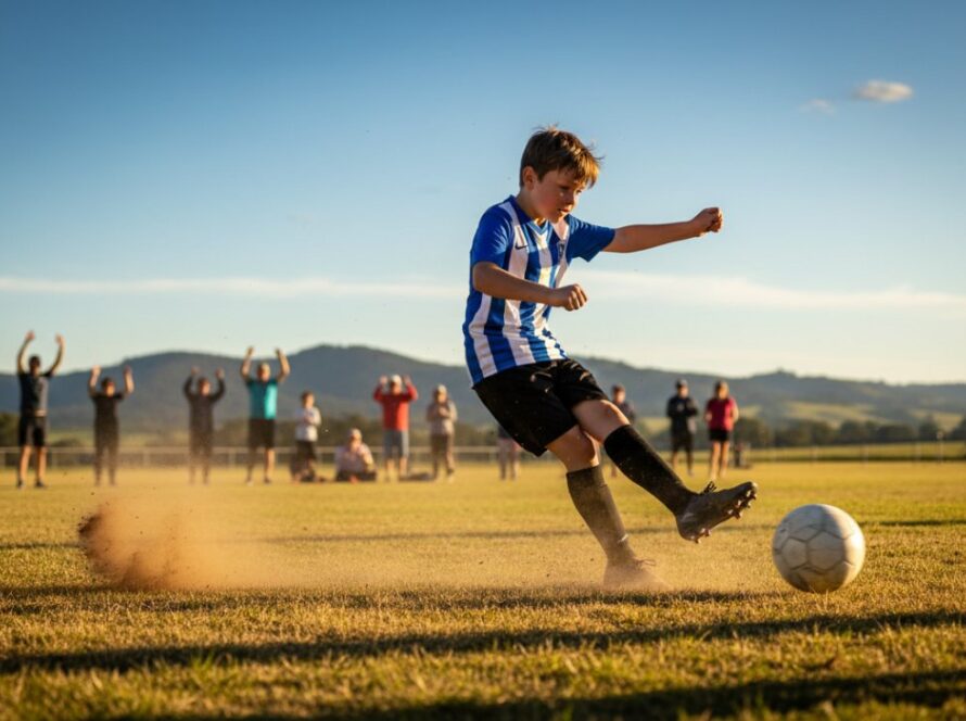 Capturing Junior Sports Photography Steels Creek Victoria: An epic moment frozen in time, a young footballer in a Steels Creek junior league leaps dynamically to catch a ball mid-air, bathed in the golden afternoon light on a local oval, with the rolling green hills of the Yarra Valley in the background, pure triumph on their face.