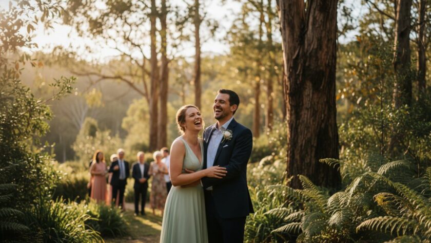 A stunning, cinematic 'epic moment' photograph from an outdoor event in Kallista, Dandenong Ranges, capturing genuine laughter and connection amidst lush greenery, perfectly embodying Capturing Kallista Dandenong Ranges event joy photography.