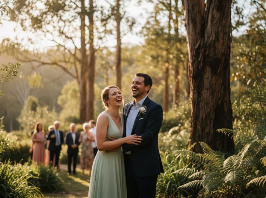 A stunning, cinematic 'epic moment' photograph from an outdoor event in Kallista, Dandenong Ranges, capturing genuine laughter and connection amidst lush greenery, perfectly embodying Capturing Kallista Dandenong Ranges event joy photography.