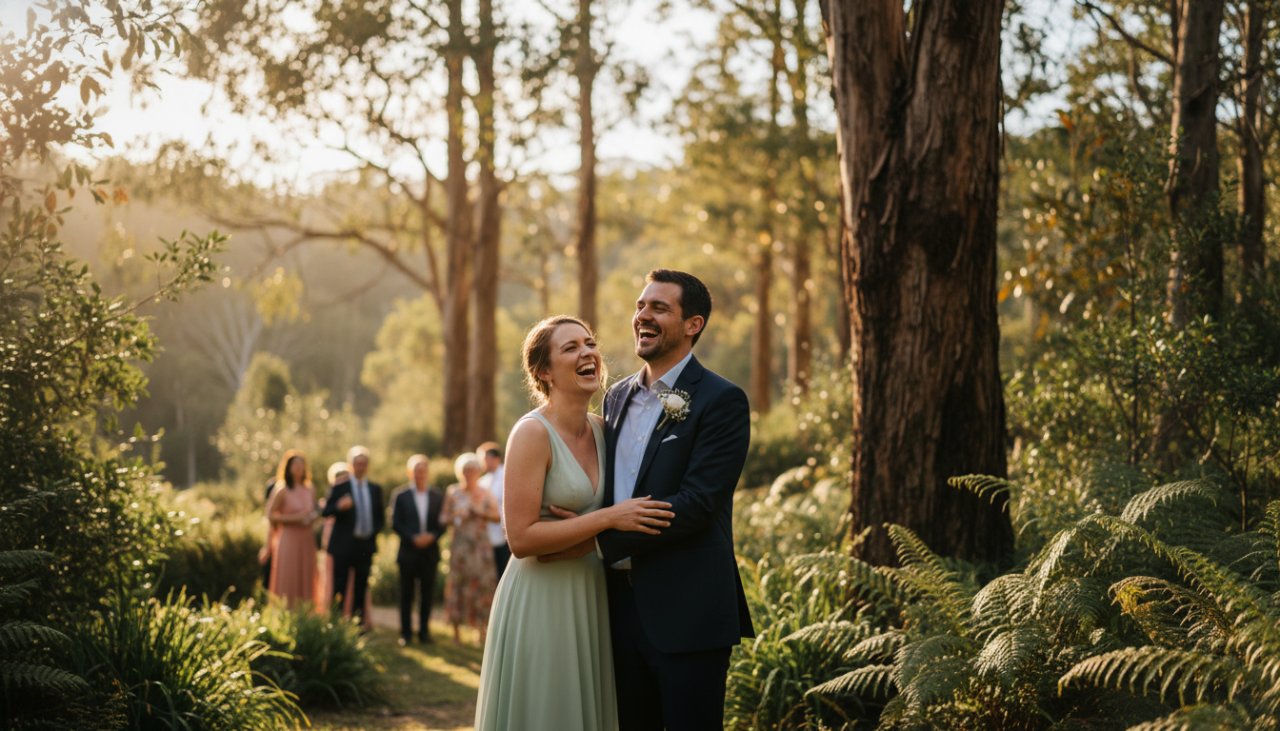 A stunning, cinematic 'epic moment' photograph from an outdoor event in Kallista, Dandenong Ranges, capturing genuine laughter and connection amidst lush greenery, perfectly embodying Capturing Kallista Dandenong Ranges event joy photography.