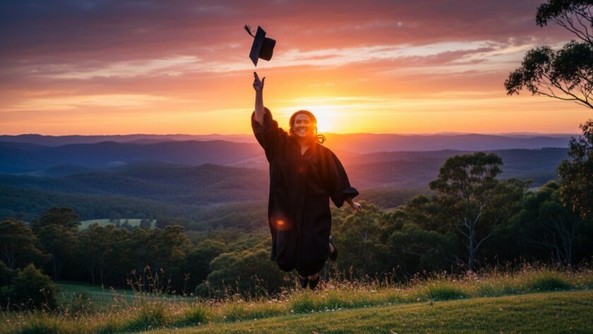 A vibrant, wide-angle shot of a beaming graduate in their cap and gown, joyfully tossing their mortarboard against the stunning, lush, green backdrop of the Dandenong Ranges in Kalorama, Victoria, bathed in soft golden hour light. The graduate is mid-air, a huge smile on their face, celebrating their achievement. This epic moment beautifully captures Kalorama graduation memories Dandenong Ranges.