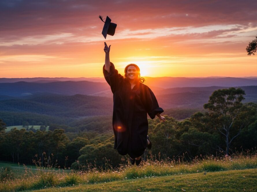 A vibrant, wide-angle shot of a beaming graduate in their cap and gown, joyfully tossing their mortarboard against the stunning, lush, green backdrop of the Dandenong Ranges in Kalorama, Victoria, bathed in soft golden hour light. The graduate is mid-air, a huge smile on their face, celebrating their achievement. This epic moment beautifully captures Kalorama graduation memories Dandenong Ranges.