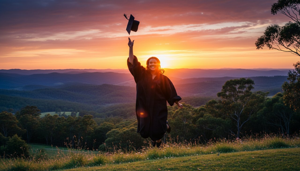 A vibrant, wide-angle shot of a beaming graduate in their cap and gown, joyfully tossing their mortarboard against the stunning, lush, green backdrop of the Dandenong Ranges in Kalorama, Victoria, bathed in soft golden hour light. The graduate is mid-air, a huge smile on their face, celebrating their achievement. This epic moment beautifully captures Kalorama graduation memories Dandenong Ranges.