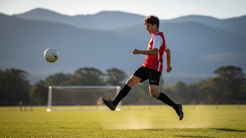 A dynamic, high-energy photograph of a young athlete mid-action, triumphantly scoring a goal on a sunny Kalorama sports field, perfectly illustrating Capturing Kalorama Youth Sports Action Photography with vibrant colours.