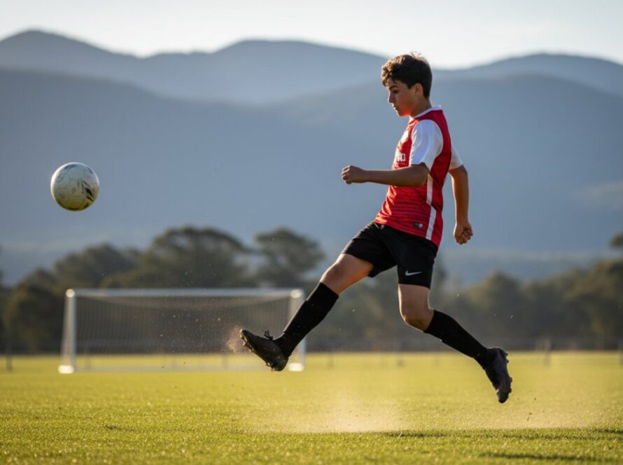 A dynamic, high-energy photograph of a young athlete mid-action, triumphantly scoring a goal on a sunny Kalorama sports field, perfectly illustrating Capturing Kalorama Youth Sports Action Photography with vibrant colours.