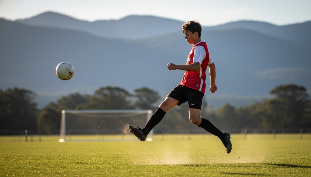 A dynamic, high-energy photograph of a young athlete mid-action, triumphantly scoring a goal on a sunny Kalorama sports field, perfectly illustrating Capturing Kalorama Youth Sports Action Photography with vibrant colours.