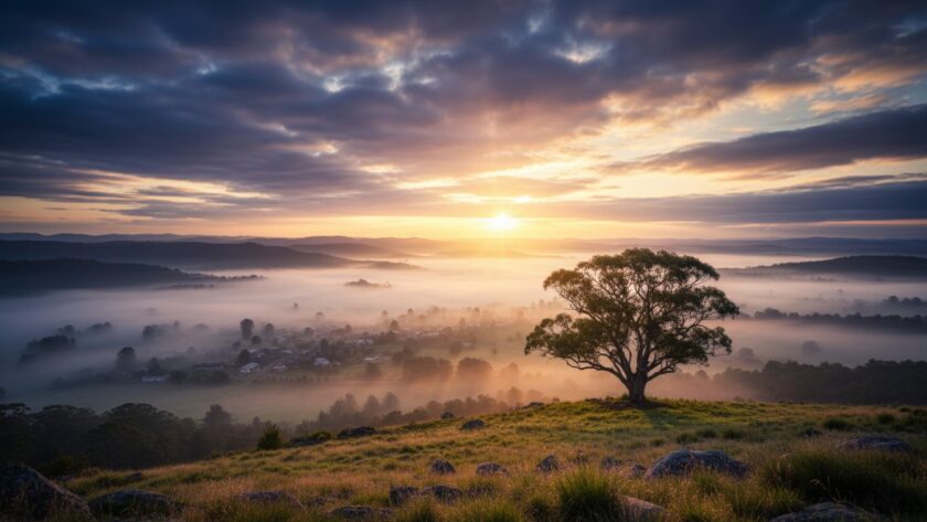 A breathtaking wide-angle view showcasing an epic moment of Kalorama's artistic landscapes at sunrise, with misty valleys and golden light, perfect for capturing Kalorama's Artistic Landscapes Fine Art Photography.