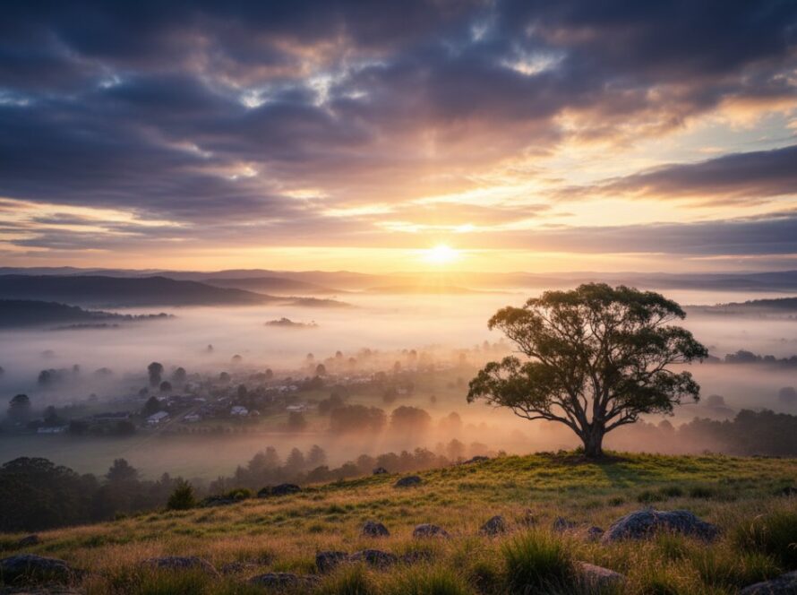 A breathtaking wide-angle view showcasing an epic moment of Kalorama's artistic landscapes at sunrise, with misty valleys and golden light, perfect for capturing Kalorama's Artistic Landscapes Fine Art Photography.