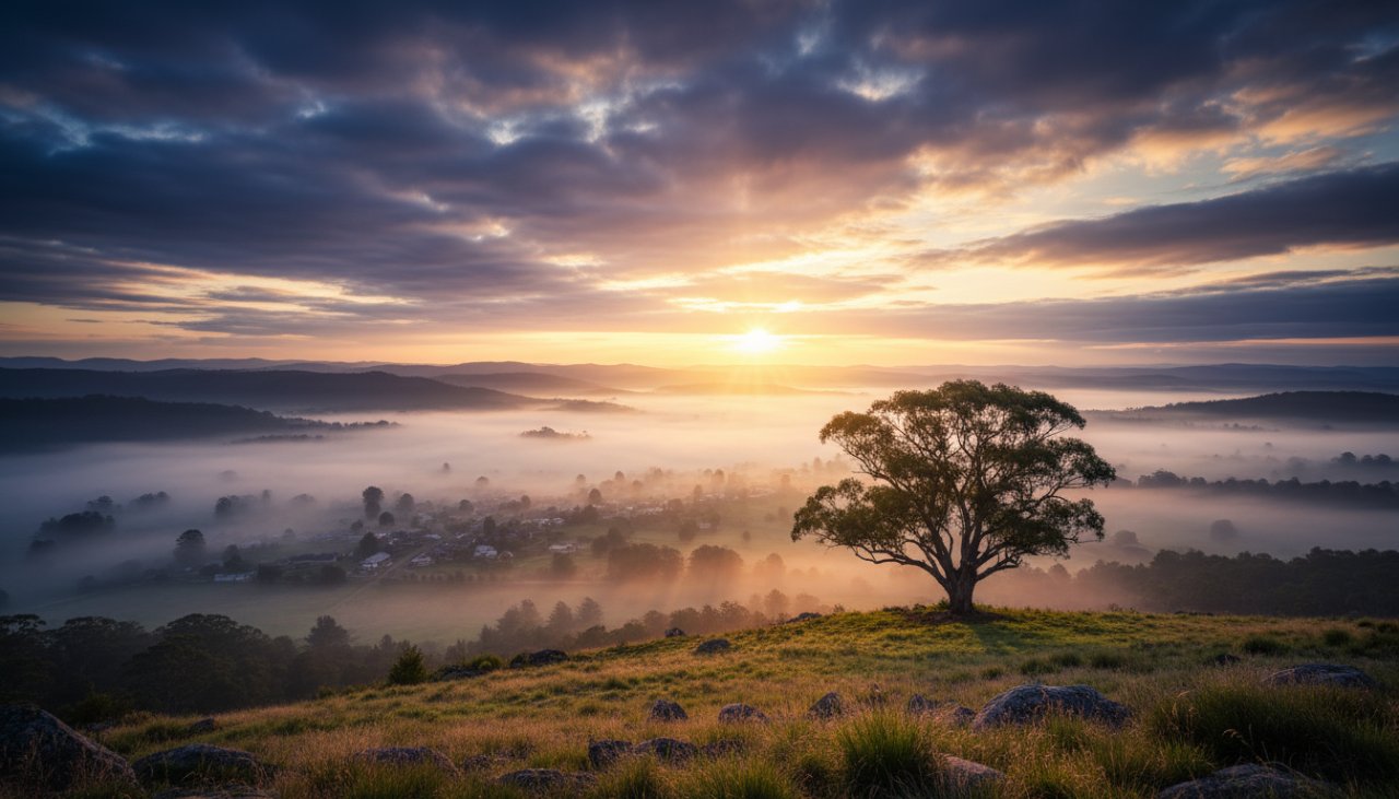 A breathtaking wide-angle view showcasing an epic moment of Kalorama's artistic landscapes at sunrise, with misty valleys and golden light, perfect for capturing Kalorama's Artistic Landscapes Fine Art Photography.