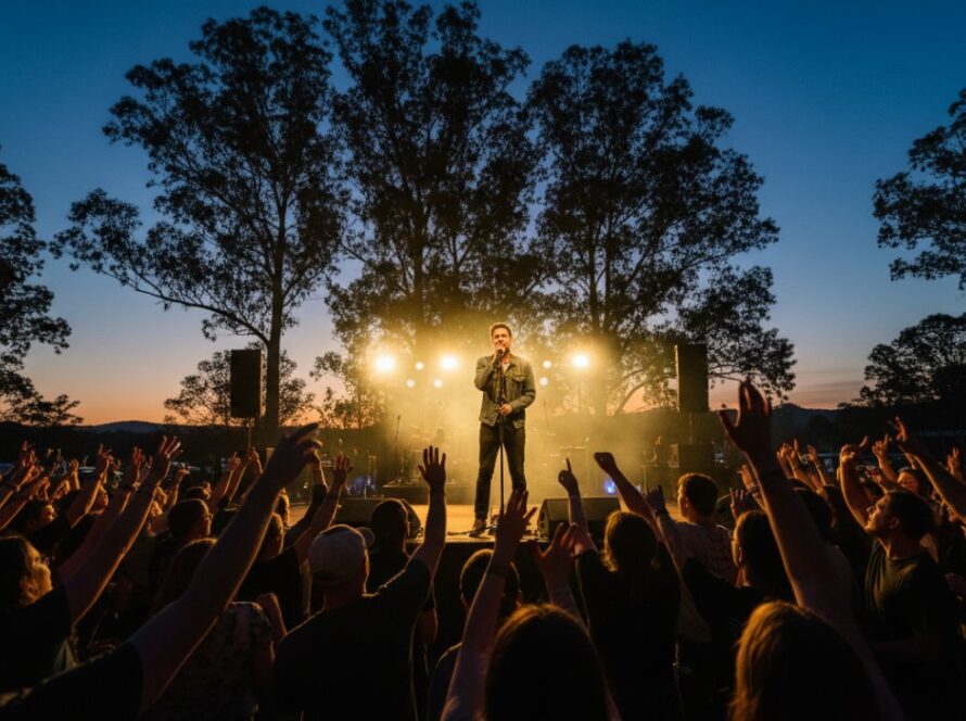 An epic moment photograph capturing Kalorama's vibrant live music energy: a lead singer bathed in dramatic stage lights, passionately performing at an outdoor festival in the Dandenong Ranges, with blurred enthusiastic crowd and majestic gum trees in the background, conveying raw emotion and energy.