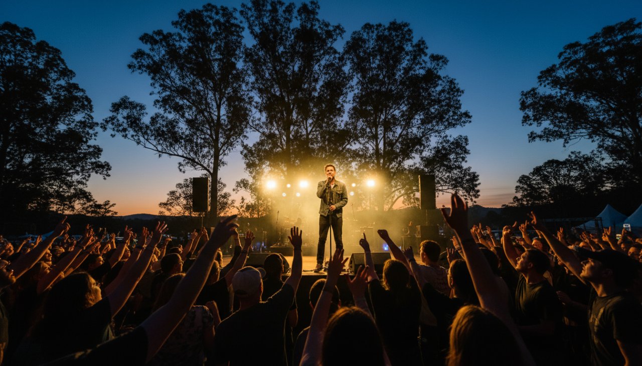 An epic moment photograph capturing Kalorama's vibrant live music energy: a lead singer bathed in dramatic stage lights, passionately performing at an outdoor festival in the Dandenong Ranges, with blurred enthusiastic crowd and majestic gum trees in the background, conveying raw emotion and energy.