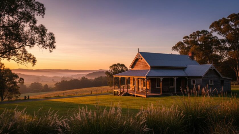A stunning wide-angle shot capturing Launching Victoria's unique architectural essence, showcasing the historic Launching Hall at sunset with golden light bathing its intricate Victorian-era details, surrounded by vibrant native flora, creating an epic and timeless visual narrative.