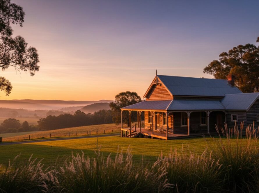 A stunning wide-angle shot capturing Launching Victoria's unique architectural essence, showcasing the historic Launching Hall at sunset with golden light bathing its intricate Victorian-era details, surrounded by vibrant native flora, creating an epic and timeless visual narrative.