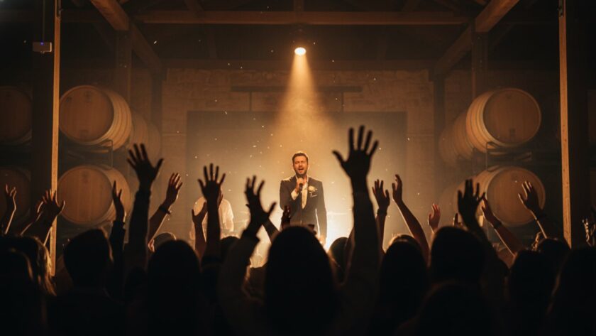 A dynamic long exposure shot capturing live music energy Dixons Creek Yarra Valley, featuring a lead guitarist bathed in dramatic stage lighting, with blurred crowd movement in the foreground and a vibrant, energetic atmosphere.