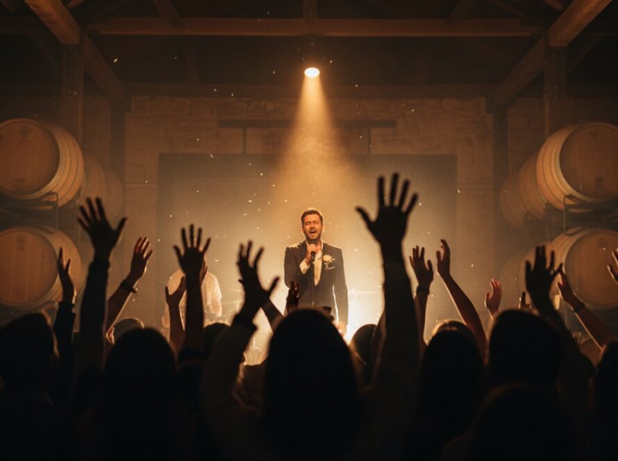 A dynamic long exposure shot capturing live music energy Dixons Creek Yarra Valley, featuring a lead guitarist bathed in dramatic stage lighting, with blurred crowd movement in the foreground and a vibrant, energetic atmosphere.