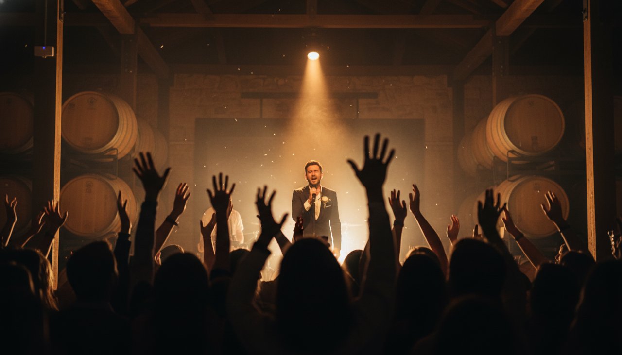 A dynamic long exposure shot capturing live music energy Dixons Creek Yarra Valley, featuring a lead guitarist bathed in dramatic stage lighting, with blurred crowd movement in the foreground and a vibrant, energetic atmosphere.