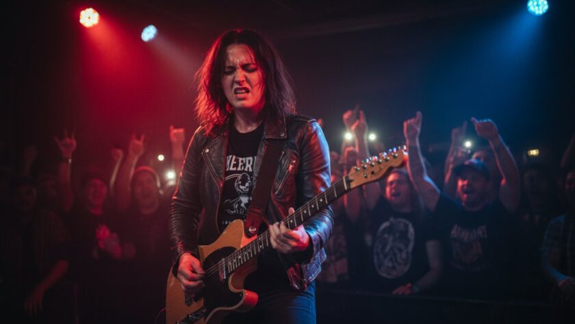 An epic moment photograph of a lead singer passionately performing on stage at a vibrant live music event in Seville East, Victoria, bathed in dynamic stage lighting, with the crowd's hands raised in excitement, perfectly illustrating capturing live music energy Seville East Victoria.