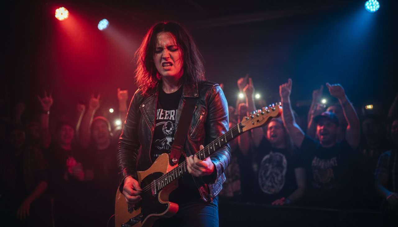 An epic moment photograph of a lead singer passionately performing on stage at a vibrant live music event in Seville East, Victoria, bathed in dynamic stage lighting, with the crowd's hands raised in excitement, perfectly illustrating capturing live music energy Seville East Victoria.