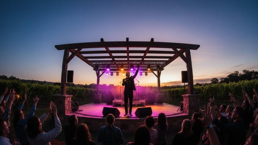 A dynamic, wide-angle shot capturing live music Gruyere Victoria winery gigs, featuring a lead singer bathed in warm stage lights, guitar raised in triumph, with the rustic winery architecture and a silhouetted audience creating an epic backdrop.