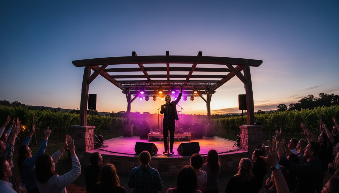 A dynamic, wide-angle shot capturing live music Gruyere Victoria winery gigs, featuring a lead singer bathed in warm stage lights, guitar raised in triumph, with the rustic winery architecture and a silhouetted audience creating an epic backdrop.
