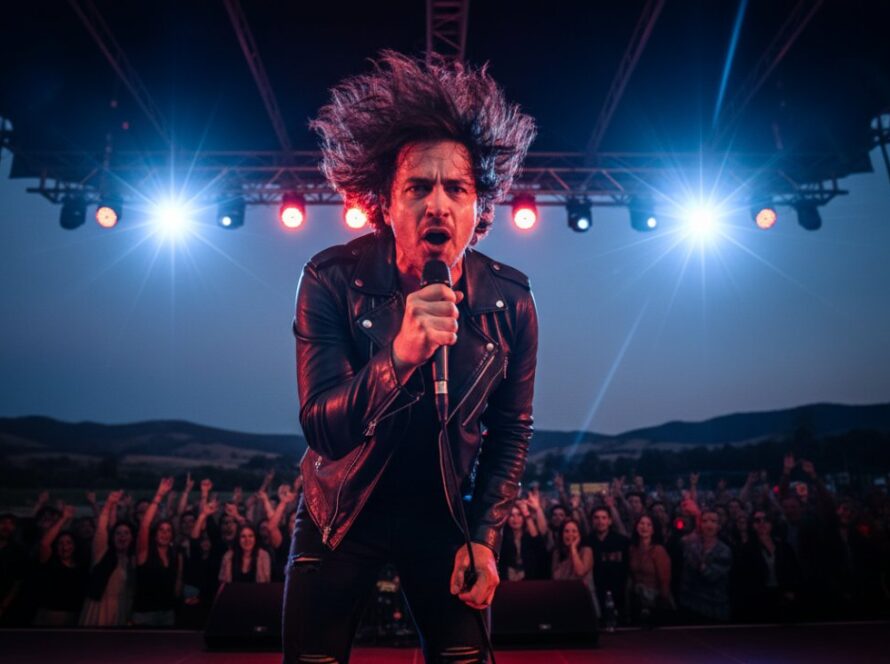 A dynamic, wide-angle shot of a lead guitarist mid-shred under dramatic stage lighting at a Yering outdoor concert, perfectly Capturing Live Music Yering Yarra Valley's raw energy and an epic musical moment.