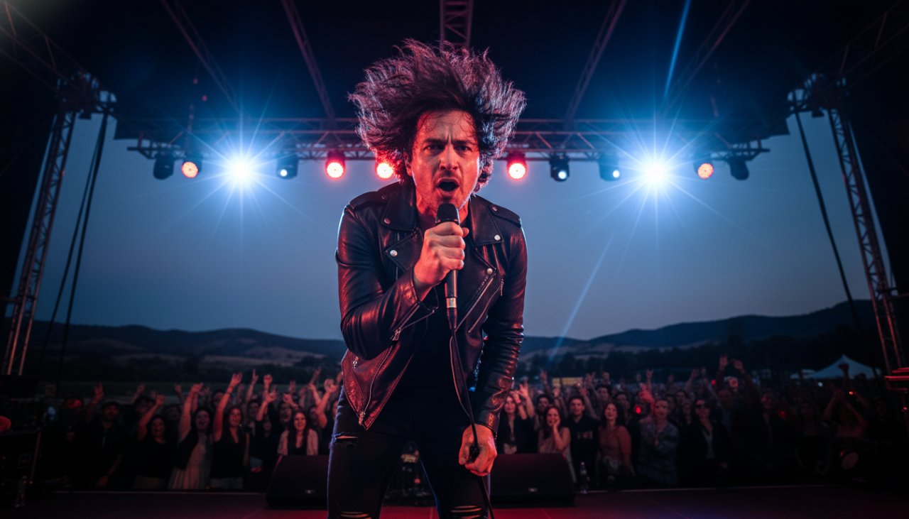 A dynamic, wide-angle shot of a lead guitarist mid-shred under dramatic stage lighting at a Yering outdoor concert, perfectly Capturing Live Music Yering Yarra Valley's raw energy and an epic musical moment.