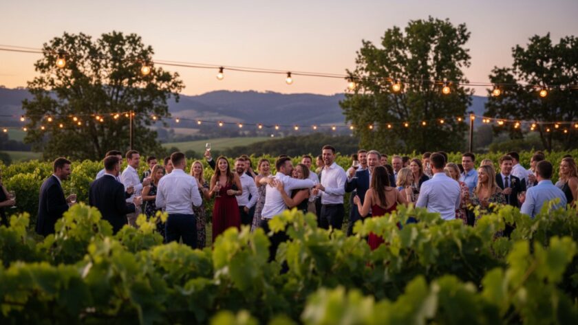 Capturing lively Dixons Creek celebration photos: A wide-angle shot of a joyous outdoor party at sunset, with guests laughing and dancing under string lights, silhouetted against the stunning Yarra Valley hills, depicting an unforgettable moment.