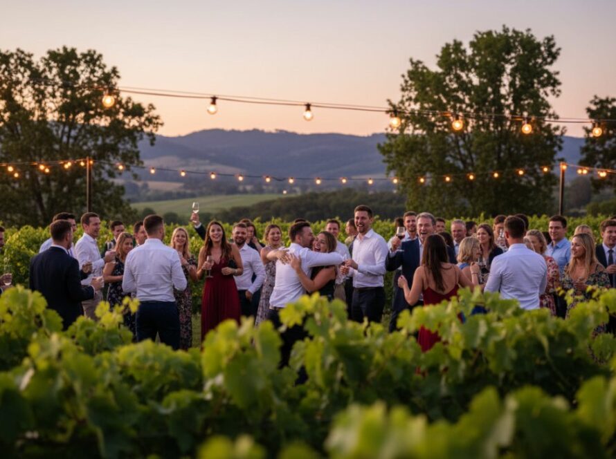 Capturing lively Dixons Creek celebration photos: A wide-angle shot of a joyous outdoor party at sunset, with guests laughing and dancing under string lights, silhouetted against the stunning Yarra Valley hills, depicting an unforgettable moment.