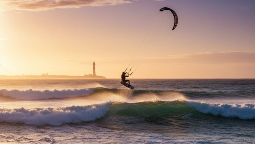 A dynamic, wide-angle shot Capturing McCrae's Coastal Sports Action Photography, featuring a surfer carving a wave near the McCrae Lighthouse at sunset, spray frozen mid-air, a truly epic moment of skill and power.