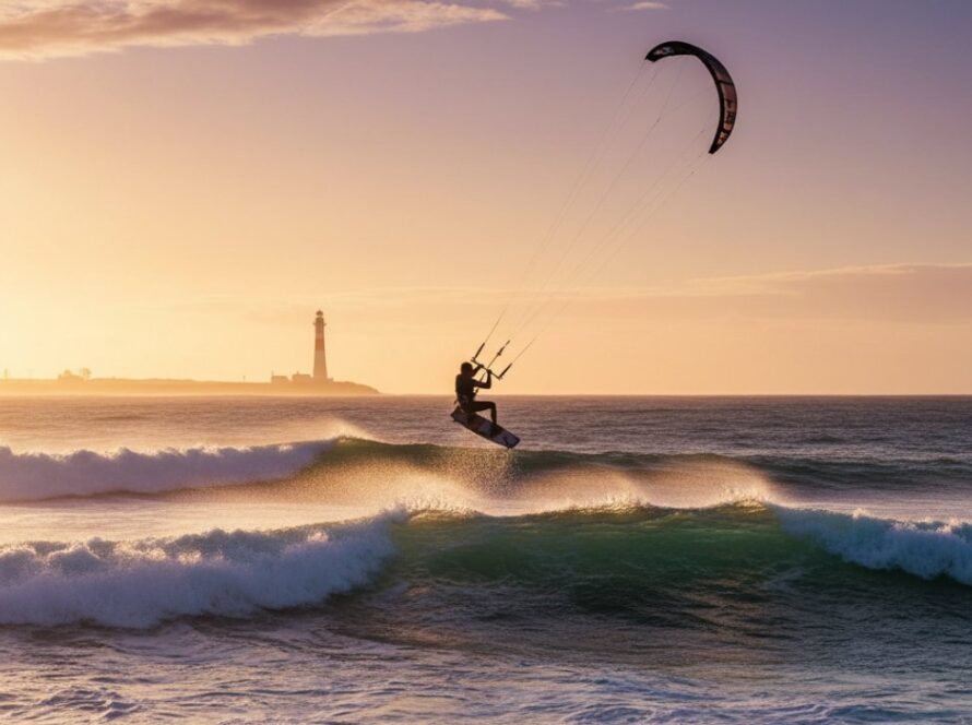 A dynamic, wide-angle shot Capturing McCrae's Coastal Sports Action Photography, featuring a surfer carving a wave near the McCrae Lighthouse at sunset, spray frozen mid-air, a truly epic moment of skill and power.