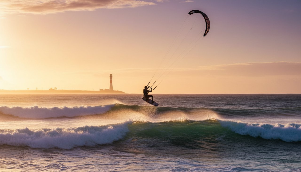 A dynamic, wide-angle shot Capturing McCrae's Coastal Sports Action Photography, featuring a surfer carving a wave near the McCrae Lighthouse at sunset, spray frozen mid-air, a truly epic moment of skill and power.