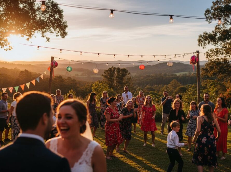 An 'epic moment' photograph capturing Menzies Creek joyful party photography moments, featuring guests laughing and dancing under string lights at a rustic venue, with a hint of the Dandenong Ranges in the background at twilight.