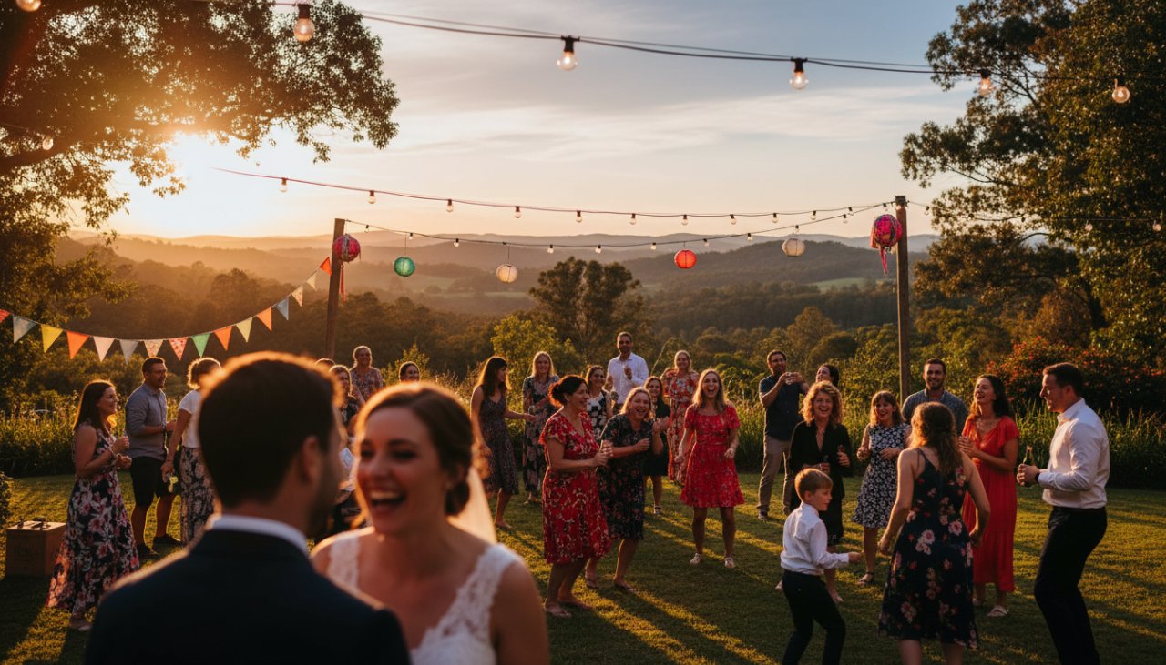 An 'epic moment' photograph capturing Menzies Creek joyful party photography moments, featuring guests laughing and dancing under string lights at a rustic venue, with a hint of the Dandenong Ranges in the background at twilight.