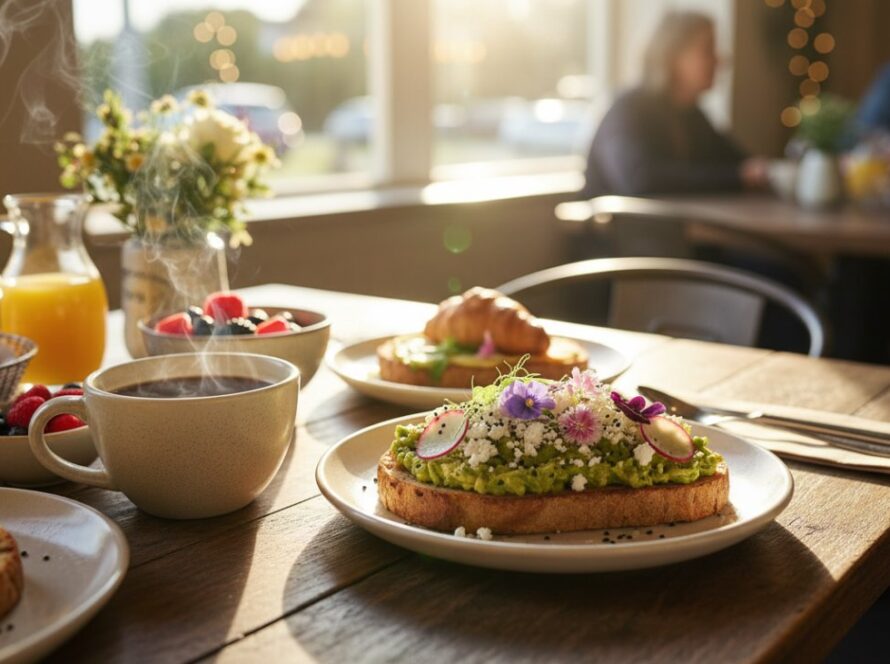 A close-up, vibrant shot capturing Montrose cafe food photography, showcasing a beautifully plated artisanal brunch dish with golden sunlight streaming through a window, highlighting steam rising from a coffee cup, conveying warmth and fresh flavour.