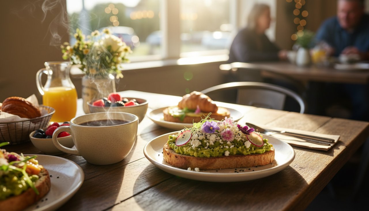 A close-up, vibrant shot capturing Montrose cafe food photography, showcasing a beautifully plated artisanal brunch dish with golden sunlight streaming through a window, highlighting steam rising from a coffee cup, conveying warmth and fresh flavour.