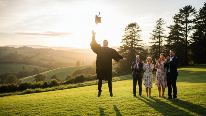 A wide shot capturing Montrose graduation joy photography, featuring a beaming graduate in cap and gown, joyfully tossing their mortarboard against the stunning backdrop of the Dandenong Ranges near Montrose, bathed in golden hour light, celebrating their achievement with family cheering in the background.