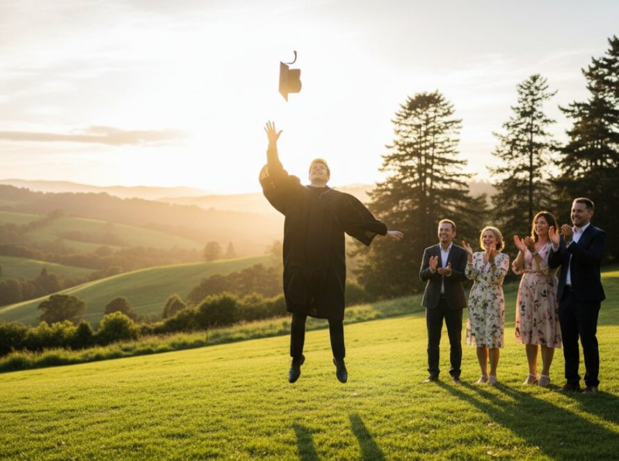 A wide shot capturing Montrose graduation joy photography, featuring a beaming graduate in cap and gown, joyfully tossing their mortarboard against the stunning backdrop of the Dandenong Ranges near Montrose, bathed in golden hour light, celebrating their achievement with family cheering in the background.