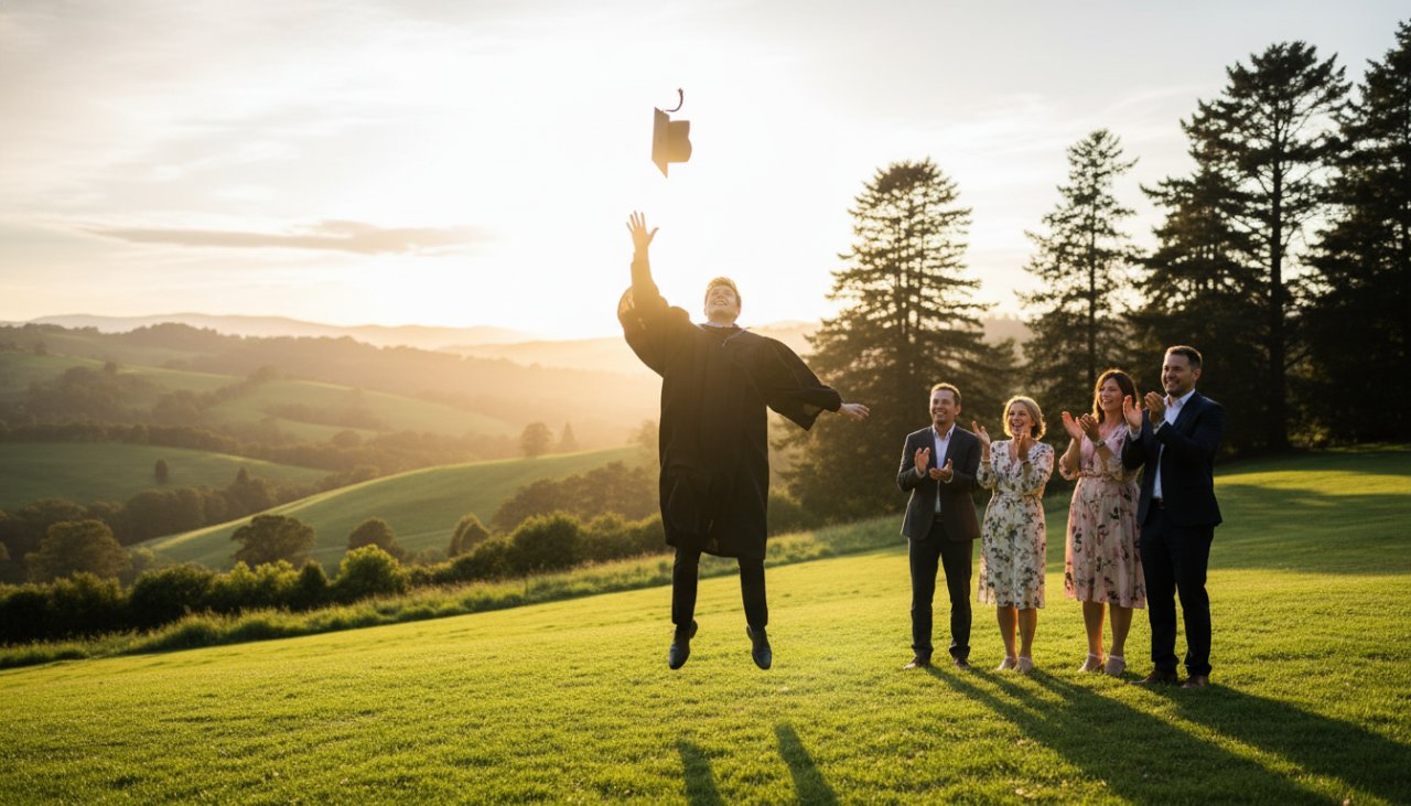 A wide shot capturing Montrose graduation joy photography, featuring a beaming graduate in cap and gown, joyfully tossing their mortarboard against the stunning backdrop of the Dandenong Ranges near Montrose, bathed in golden hour light, celebrating their achievement with family cheering in the background.