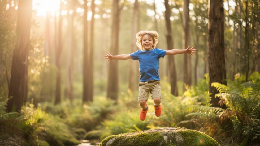A wide, joyful shot of a child mid-laugh, running through dappled sunlight in a Montrose park, perfectly capturing montrose kids genuine joy photography victoria.