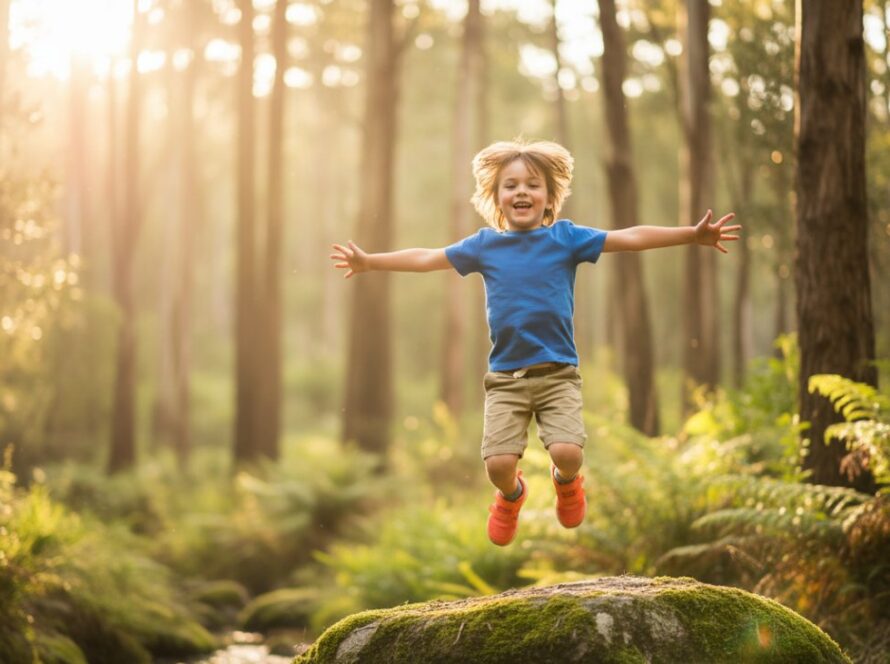 A wide, joyful shot of a child mid-laugh, running through dappled sunlight in a Montrose park, perfectly capturing montrose kids genuine joy photography victoria.
