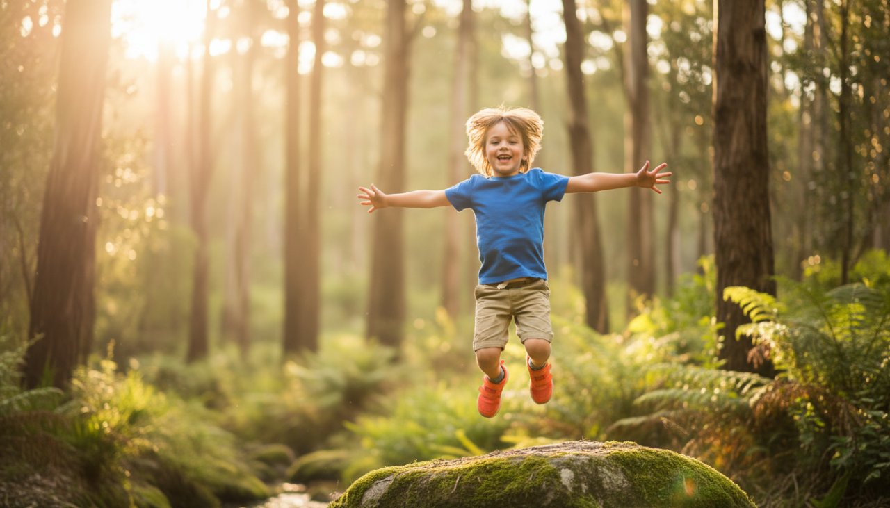 A wide, joyful shot of a child mid-laugh, running through dappled sunlight in a Montrose park, perfectly capturing montrose kids genuine joy photography victoria.