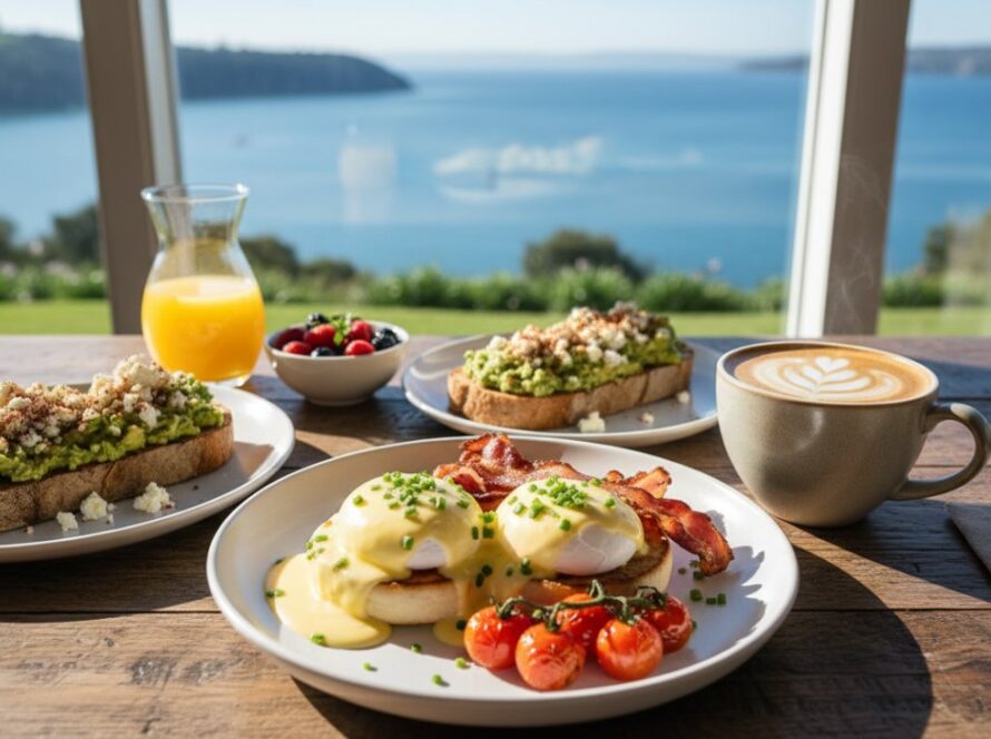 An exquisite overhead shot Capturing Mornington Peninsula Cafe Brunch Vibes Photography, featuring a beautifully plated gourmet avocado toast, a steaming latte with latte art, and fresh berries on a rustic wooden table bathed in soft morning light, with the bustling, sun-drenched cafe interior visible blurred in the background, conveying a vibrant and inviting atmosphere.