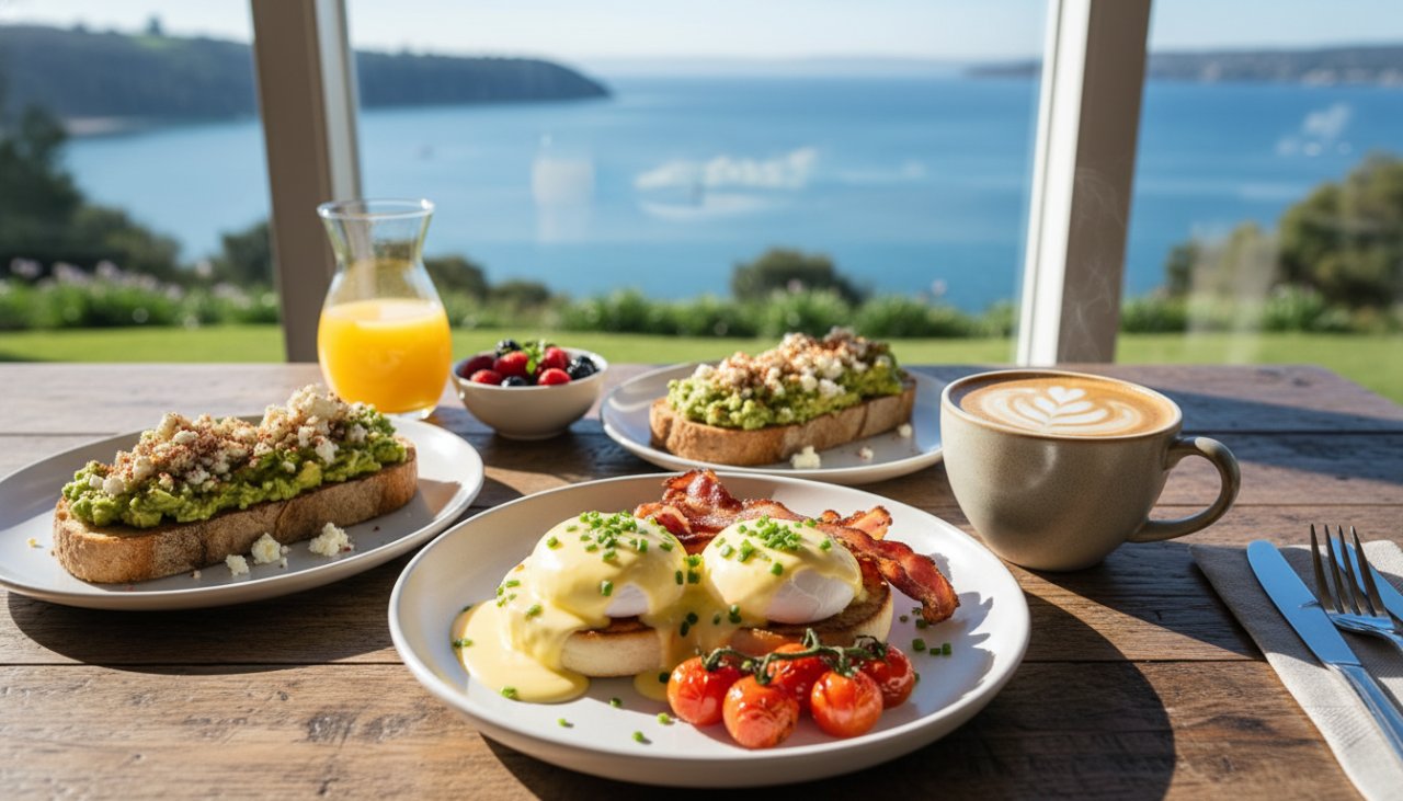 An exquisite overhead shot Capturing Mornington Peninsula Cafe Brunch Vibes Photography, featuring a beautifully plated gourmet avocado toast, a steaming latte with latte art, and fresh berries on a rustic wooden table bathed in soft morning light, with the bustling, sun-drenched cafe interior visible blurred in the background, conveying a vibrant and inviting atmosphere.