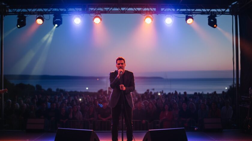 A wide-angle shot of a dynamic lead singer performing on stage at a sunset outdoor concert in Mount Martha, bathed in warm stage lights and twilight glow, with the audience silhouetted, perfectly Capturing Mount Martha's Epic Live Music Moments.