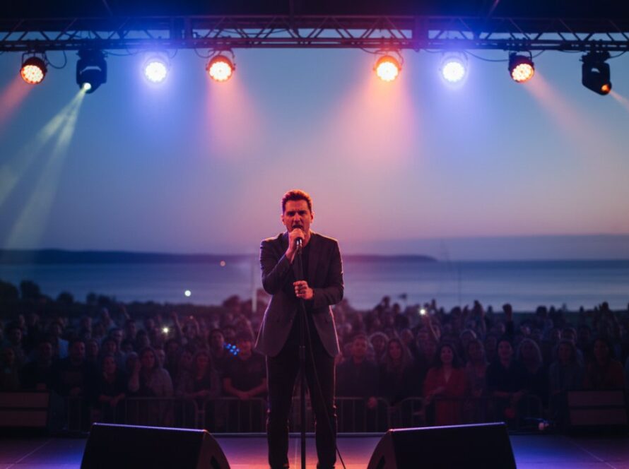 A wide-angle shot of a dynamic lead singer performing on stage at a sunset outdoor concert in Mount Martha, bathed in warm stage lights and twilight glow, with the audience silhouetted, perfectly Capturing Mount Martha's Epic Live Music Moments.