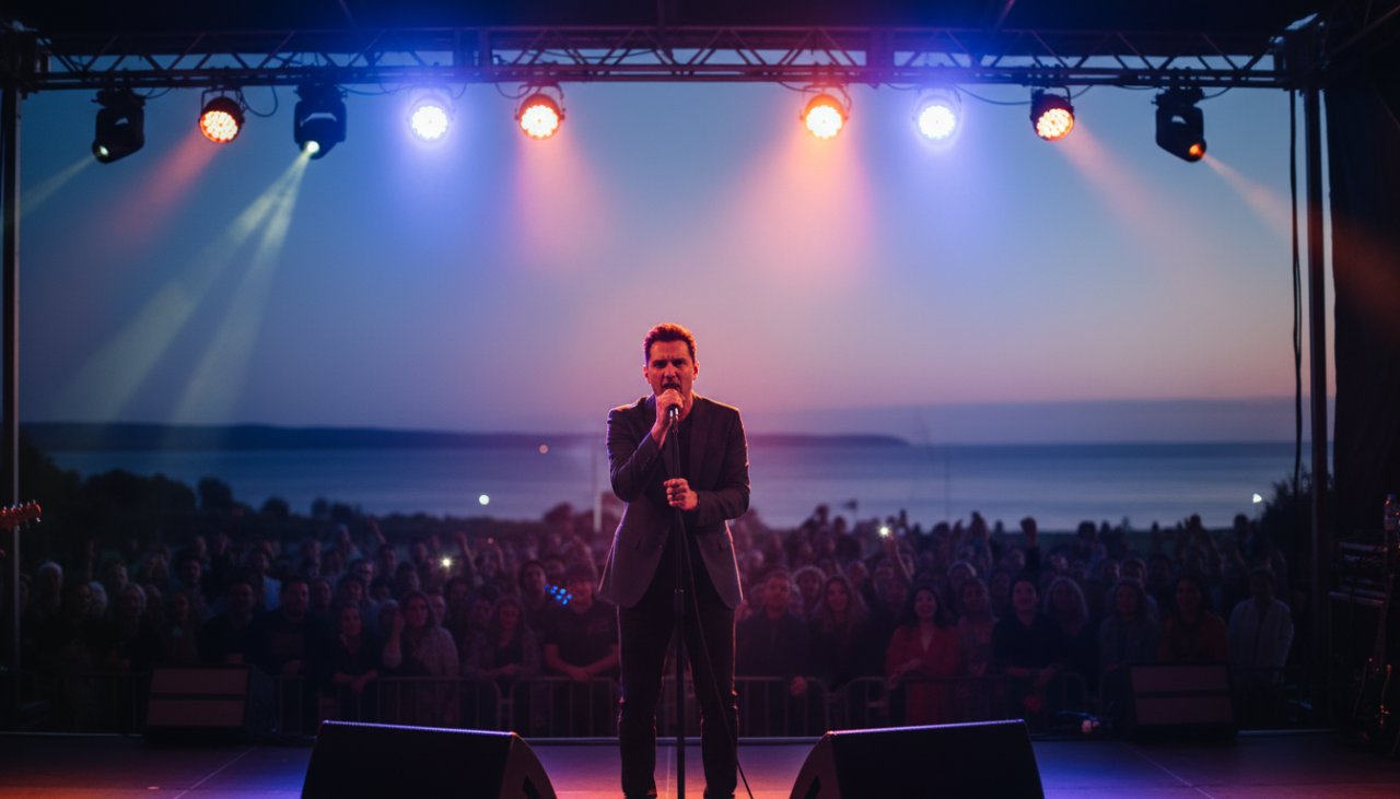 A wide-angle shot of a dynamic lead singer performing on stage at a sunset outdoor concert in Mount Martha, bathed in warm stage lights and twilight glow, with the audience silhouetted, perfectly Capturing Mount Martha's Epic Live Music Moments.