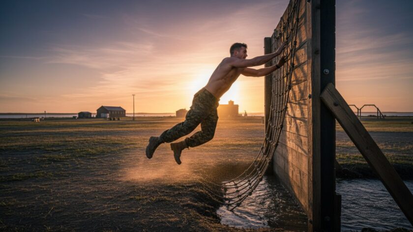 A dramatic, low-angle photograph capturing naval sports action HMAS Cerberus, showing a determined sailor mid-leap during an obstacle course, silhouetted against a golden sunset, conveying immense power and grit.